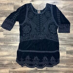 Johnny Was Black Embroidered Boho Tunic Dress Cupra Rayon Scalloped Hem
